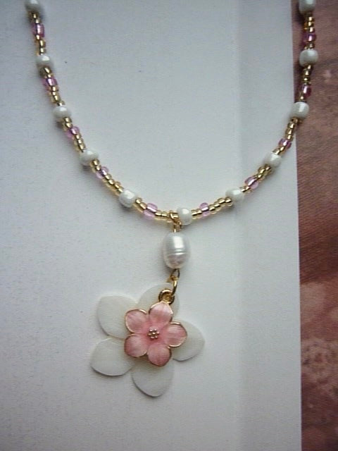 Pink and Pearl Flower Bead Necklace