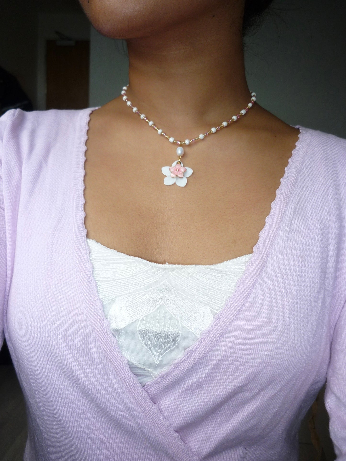 Pink and Pearl Flower Bead Necklace