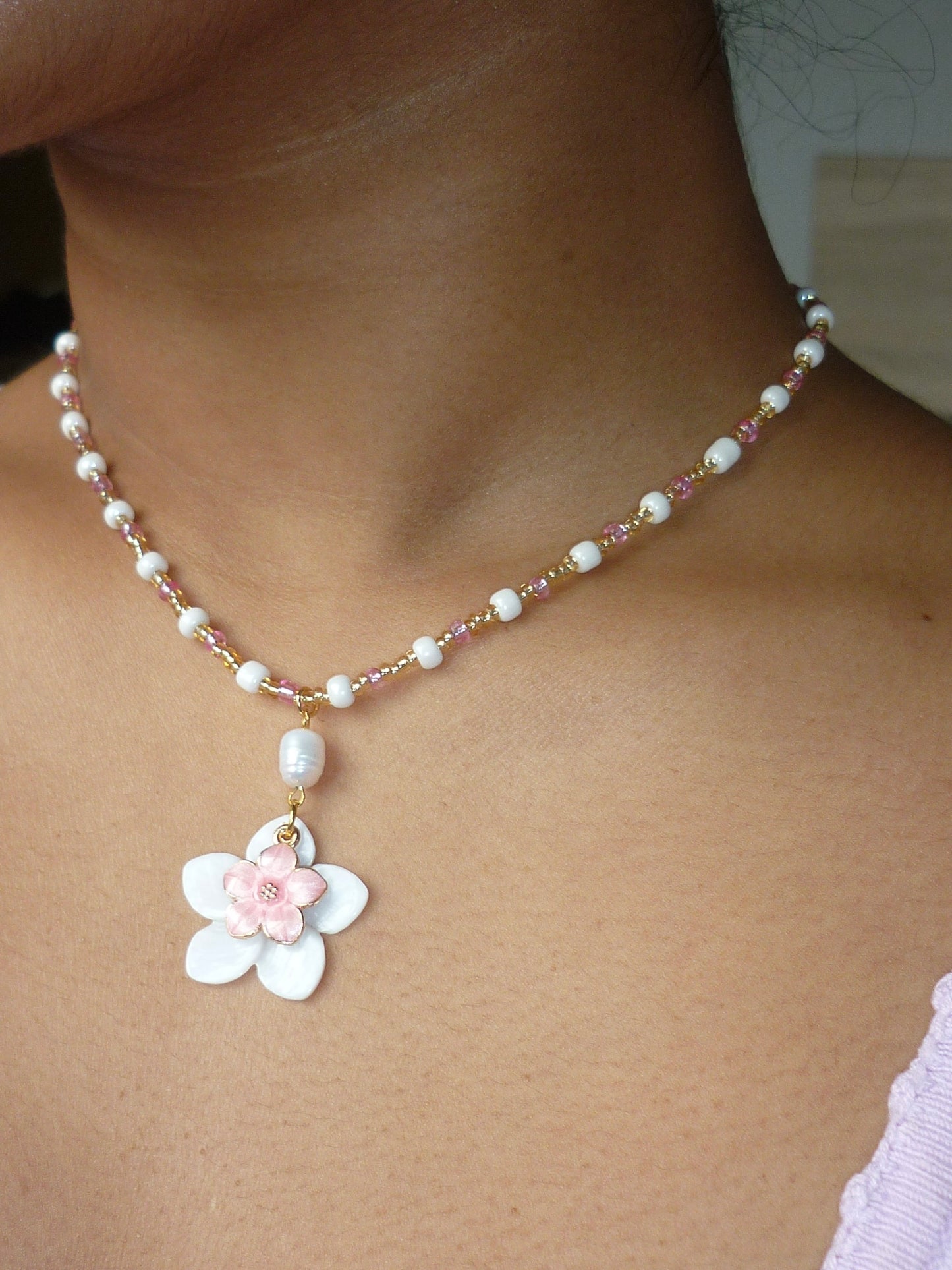 Pink and Pearl Flower Bead Necklace