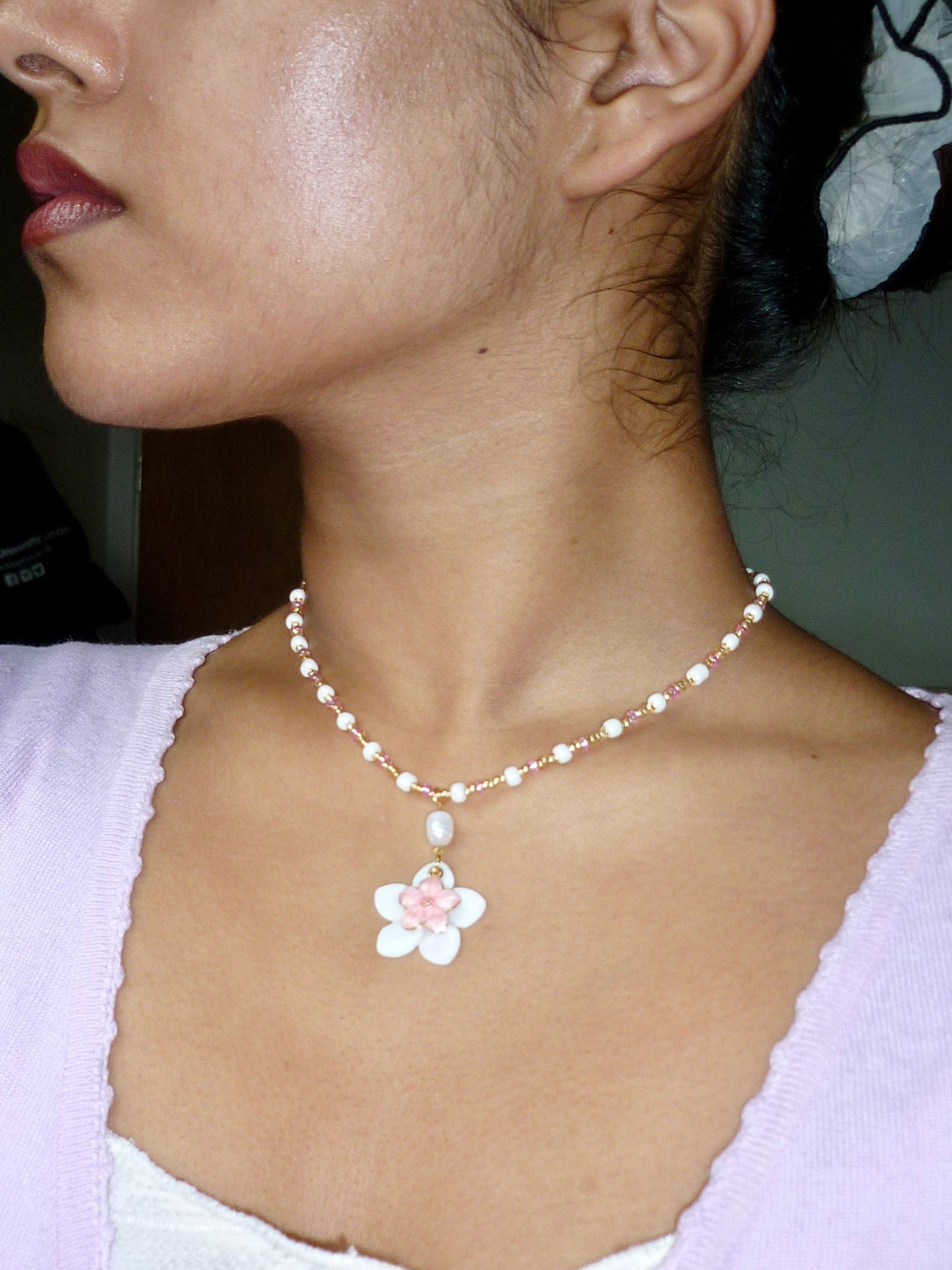 Pink and Pearl Flower Bead Necklace