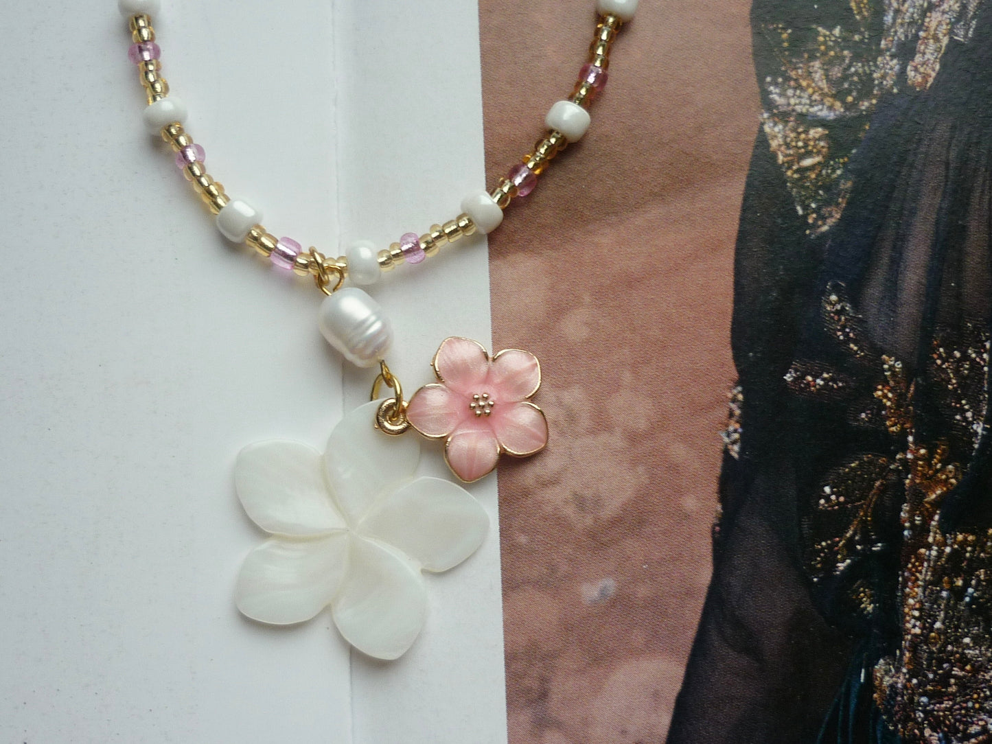 Pink and Pearl Flower Bead Necklace