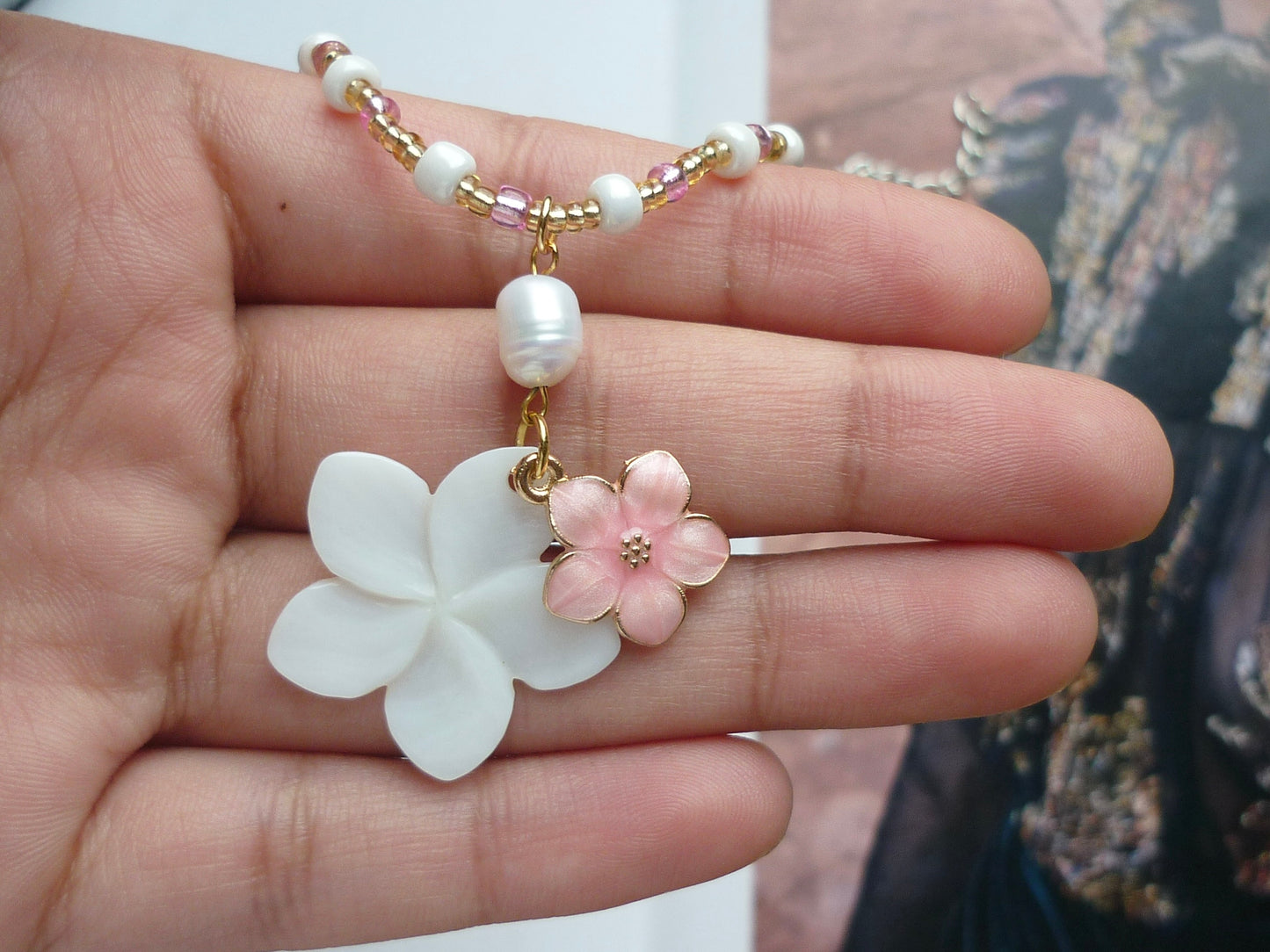 Pink and Pearl Flower Bead Necklace