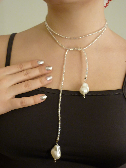 Long Pearl Silver Statement Necklace