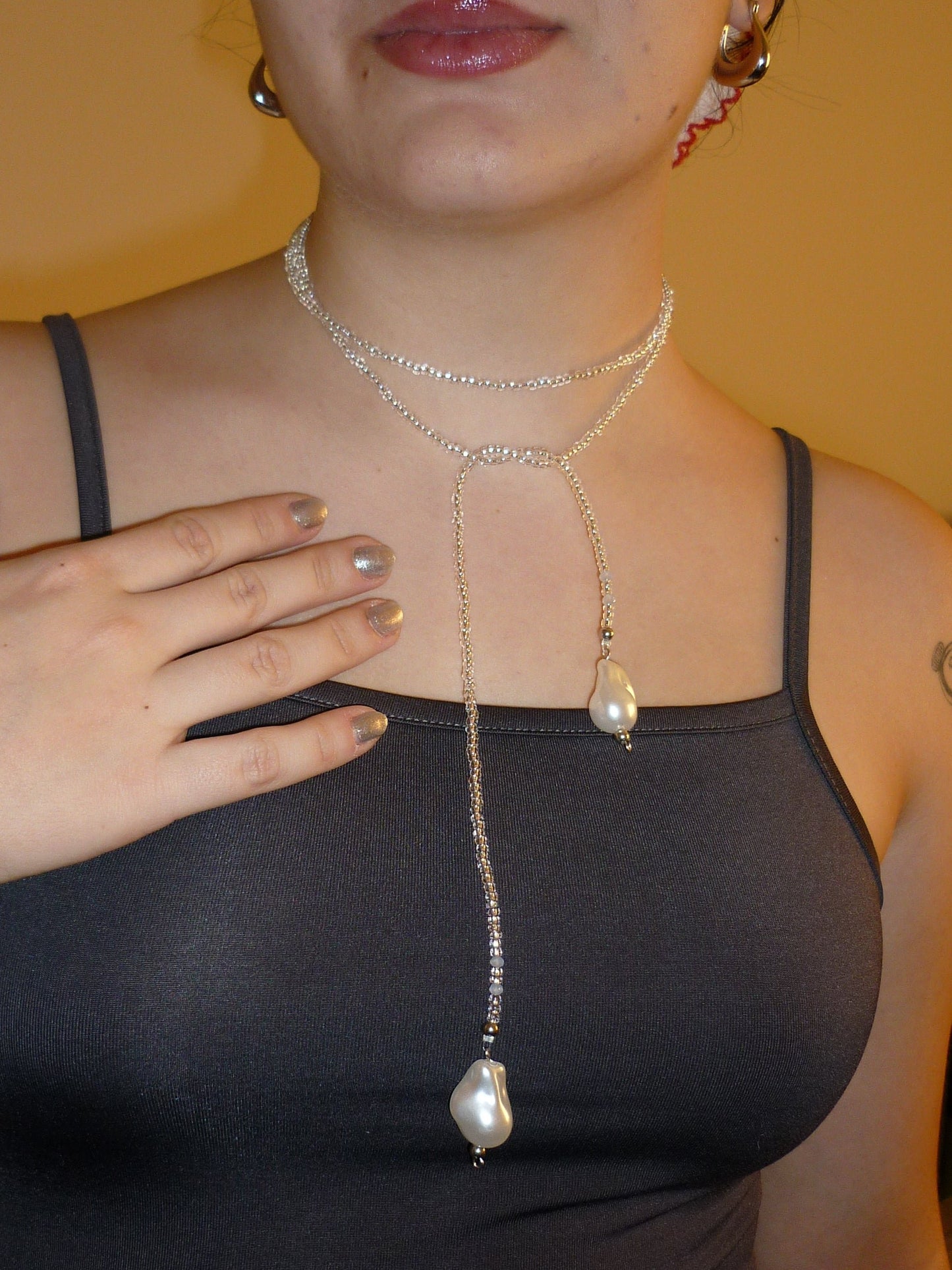 Long Pearl Silver Statement Necklace