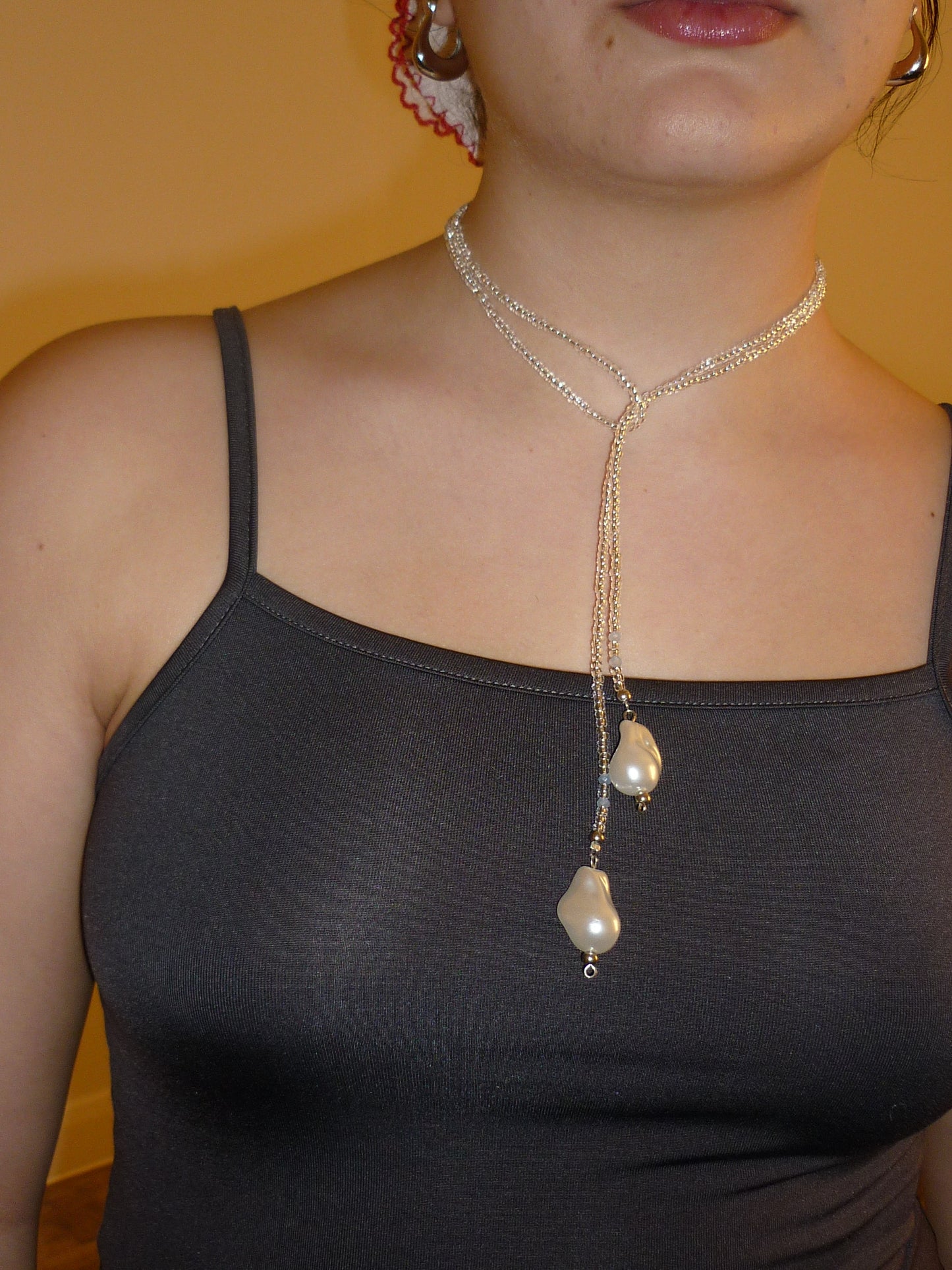 Long Pearl Silver Statement Necklace